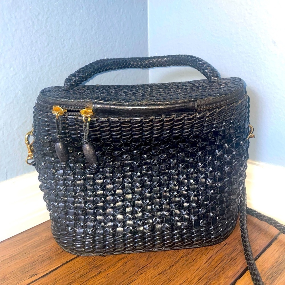 Vintage🖤woven leather bag top handle basket bag black shoulder bag crossbody